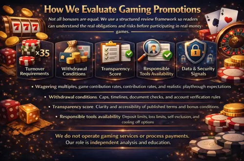 How we evaluate gaming promotions Not all bonuses are equal. We use a structured review framework so readers can understand the real obligations and risks before participating in real‑money games. Our review framework includes: Turnover requirements – Wagering multiples, game contribution rates, and realistic playthrough expectations Withdrawal conditions – Caps, timelines, document checks, and account verification rules Transparency score – Clarity and accessibility of published terms and bonus conditions Responsible tools availability – Deposit limits, loss limits, self‑exclusion, and cooling‑off options Data and security signals – HTTPS encryption, payment protection, verification flows, and policy clarity How we evaluate gaming promotions