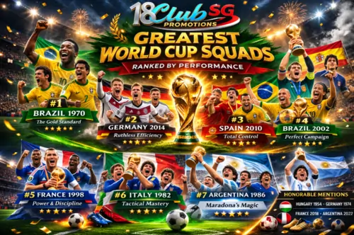 Collage of the greatest FIFA World Cup teams of all time ranked by performance including Brazil 1970, Germany 2014, Spain 2010, Brazil 2002, France 1998, Italy 1982 and Argentina 1986