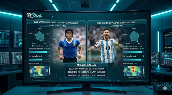 Statistical infographic of Maradona 1986 and Messi 2022 performance metrics during historic FIFA World Cup matches. One of most iconic matches in FIFA World Cup history